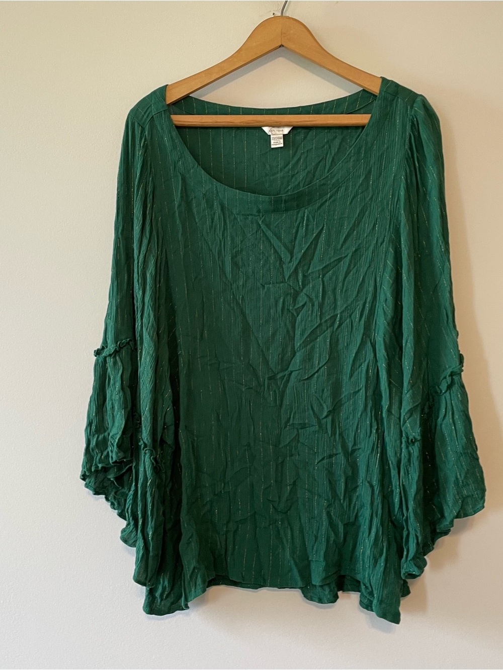 Emerald Green Striped Tunic Size 22/24 Bell 3/4 Sleeve Metallic Shimmer